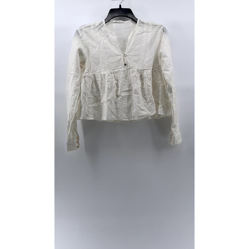NIC & JO Women's White Embroidered Eyelet V-Neck Long Sleeve Ruffle-Hem Top SZ M